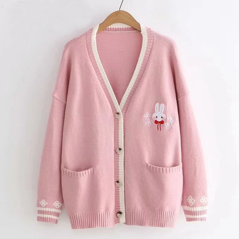 

2021 Spring New Cartoon Embroidery Rabbit Knit Sweater Cardigan Korean Chic Loose Female Knitshirt V Neck Cardigan Jacket Women