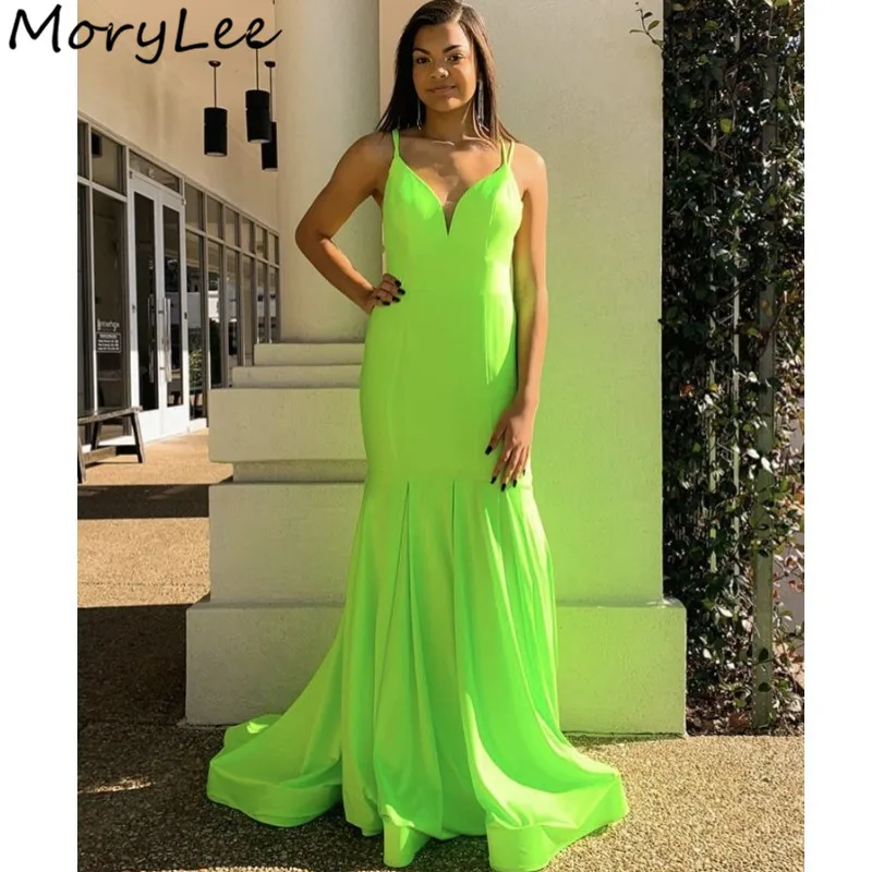 

Prom Dresses V-Neck Spaghetti Straps Floor Length Silk Satin Mermaid Prom Dresses With Zipper Back vestidos de fiesta de noche