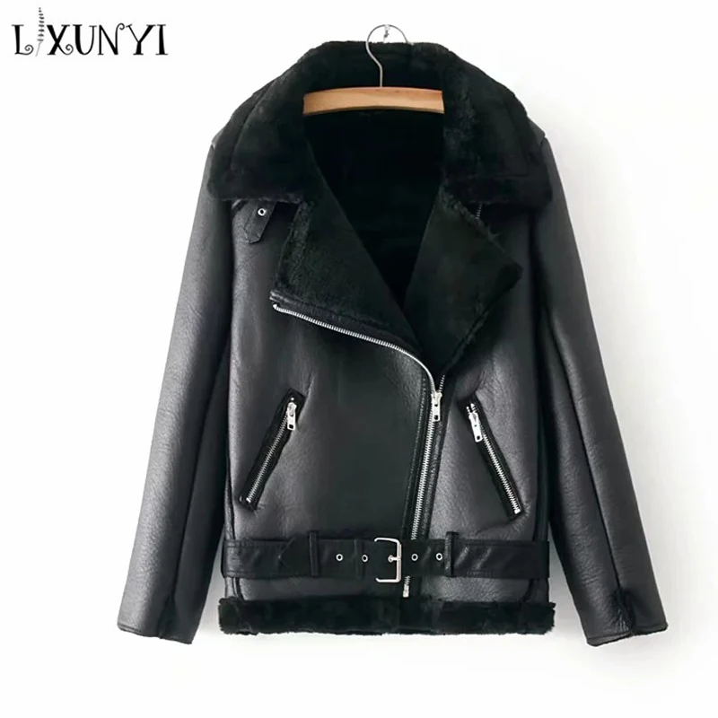 Black Leather Jackets Women Winter Thick Warm Fur Collar Fashion Moto Coats Female High Streetwear Biker Pu Jacket with Sash