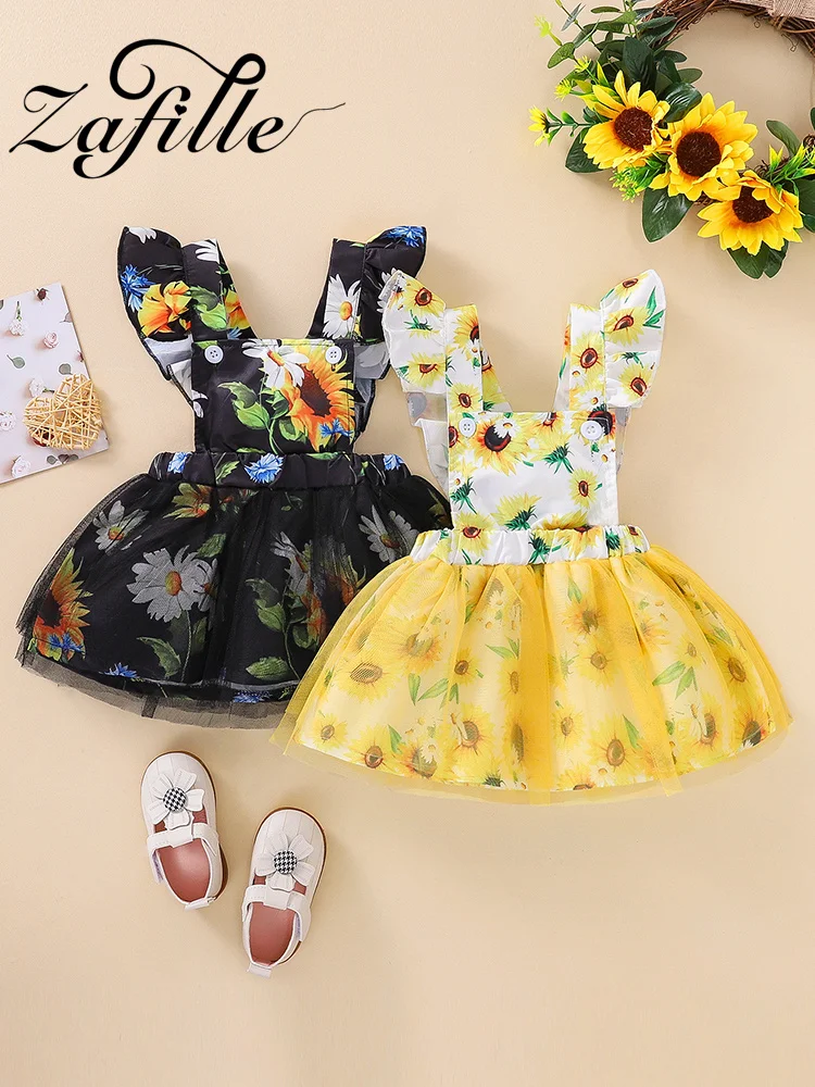 

ZAFILLE Sunflower Baby Mesh Skirt Flying Sleeve Kids Toddler Princess Skirts Sweet Cute Girls Outfits Summer Children's Clothing