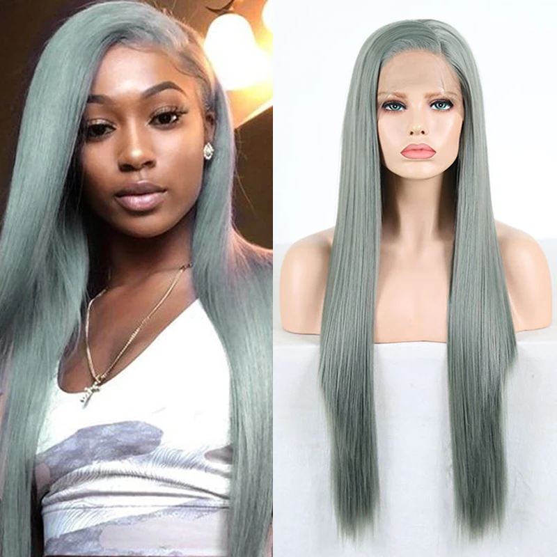 

Charisma Long Silky Straight Hair Synthetic Lace Front Wigs Ash Green Side Part Cosplay Wig Heat Resistant Hair For Black Women