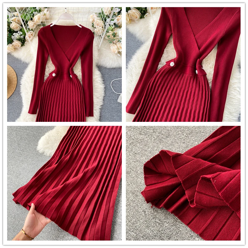 

New Auutmn Winter Pleated Dress Women Sexy V Neck Long Sleeves Sweater Dress Fashion Ladies Slim Bodycon Knit Dresses Vestidos