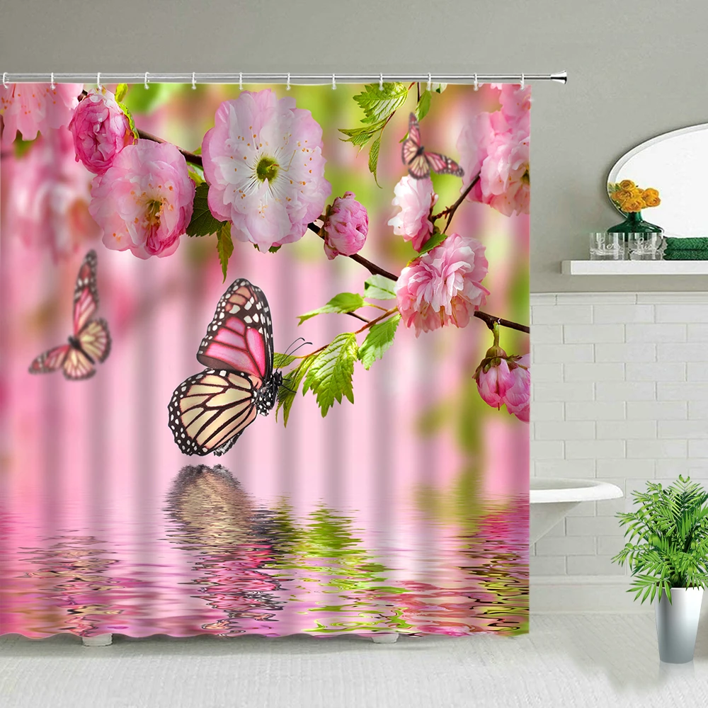 

European Style Flower Plant Landscape Shower Curtains Rose Tulip Floral Butterfly Scenery Bathroom Bath Curtain Set With Hooks