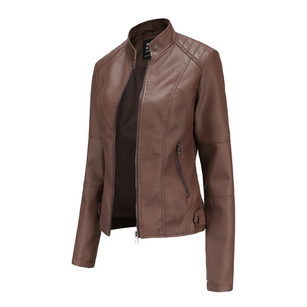 Spring Autumn Faux Leather Jacket for Women Casual Slim Fit Long Sleeve Stand-up Collar Motorcycle PU Leather Coat Plus Size enlarge