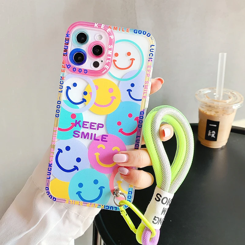 Colorful Flowers Smile Strap Lanyard Phone Case For iPhone 14 Pro Max 13 12 11 X XS XR 7 8 Plus Cute Fashion Transparent Cover