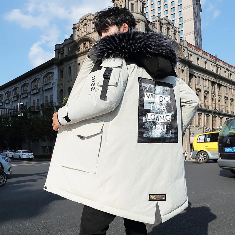 

Мужская зимняя длинная куртка с большим воротником, модные плотные теплые приталенные повседневные куртки с капюшоном, черная хлопковая ку...