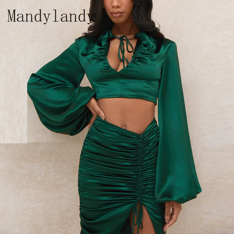 

Mandylandy Women's Solid Color Lace Up Skirt Suit Summer High Waist Split Irregular Skirt + Lantern Sleeve V-neck Short Top Suit