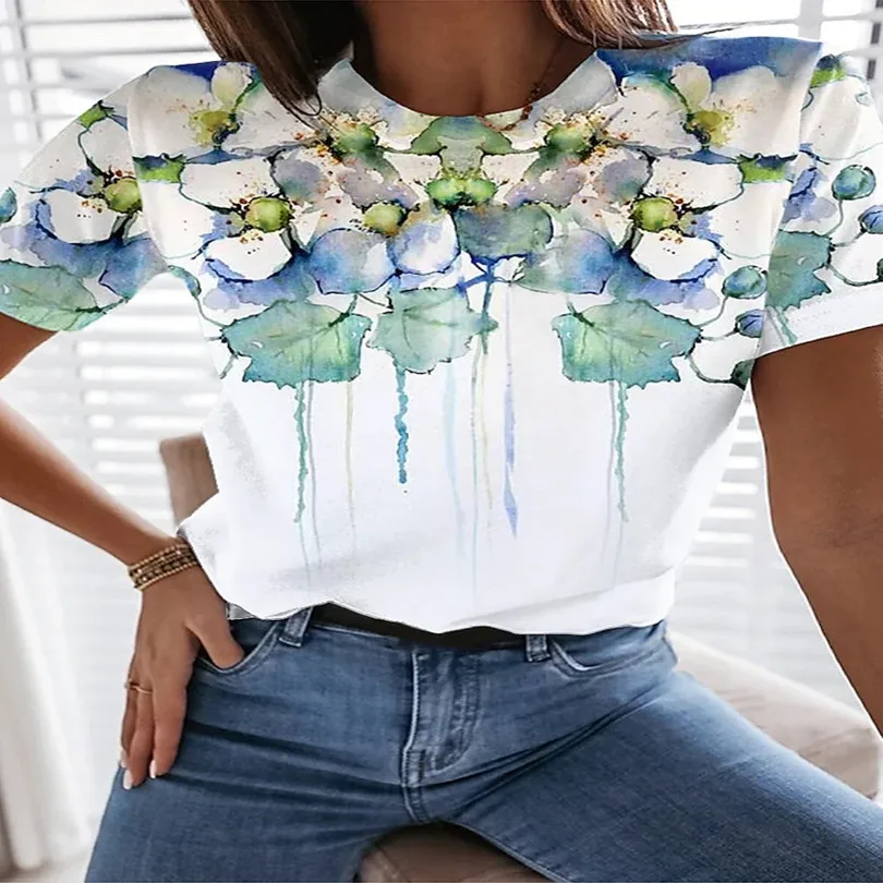 

Women's floral print short sleeve T-shirt, women's fabric T-shirt, women's floral print T-shirt, new in the summer of 2022