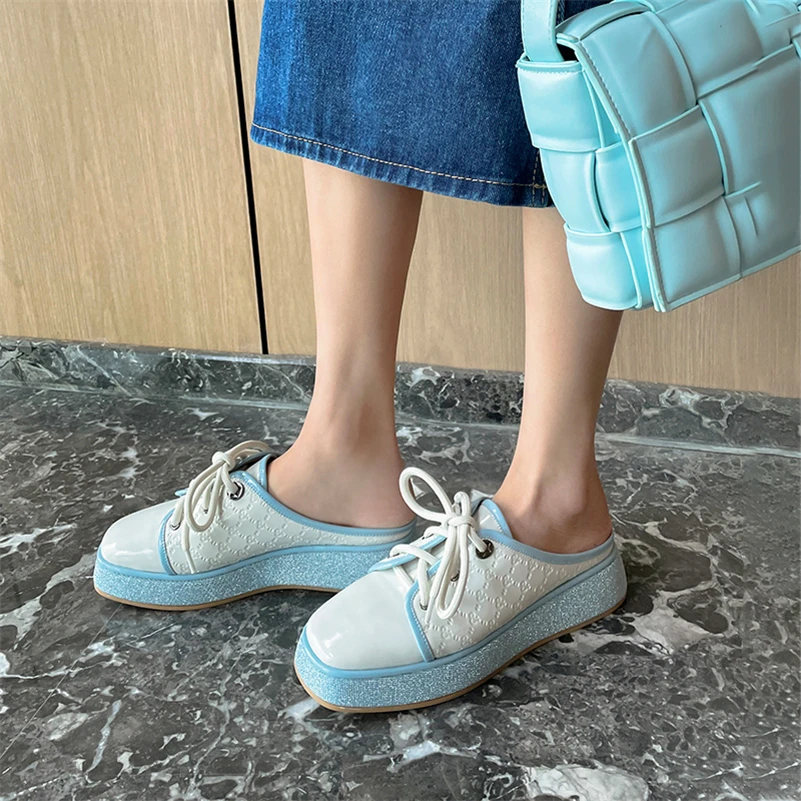 

Meotina Leather Mules Women Platform Wedge Shoes Round Toe Casual Sneakers Mid Heel Mules Slip-On Lady Footwear Pink Green Blue