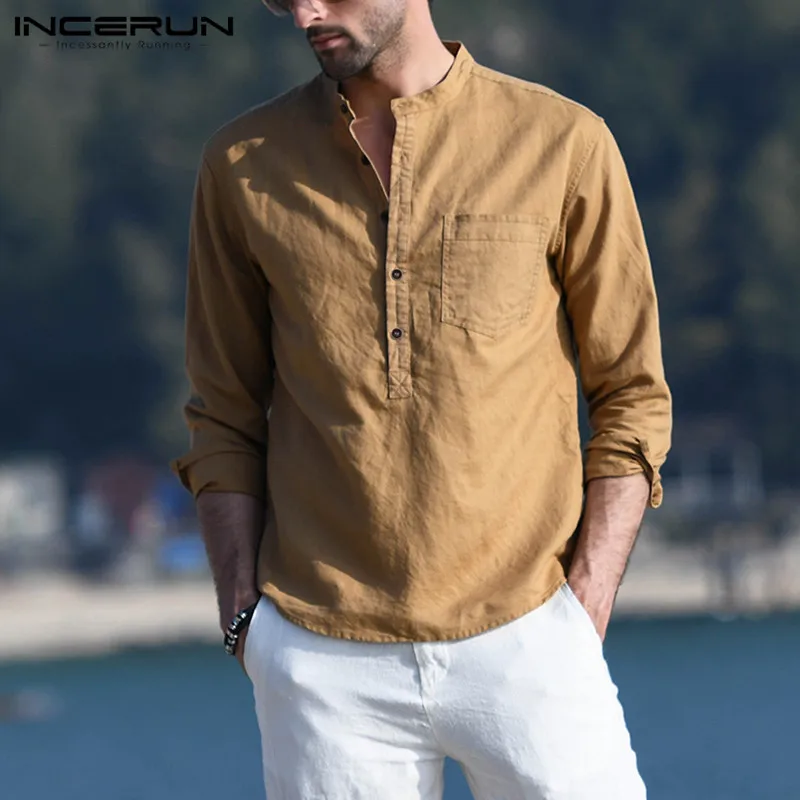 incerun mens casual shirt cotton solid color long sleeve blouse chic stand collar fashion handsome tops 2021 streetwear camisas free global shipping