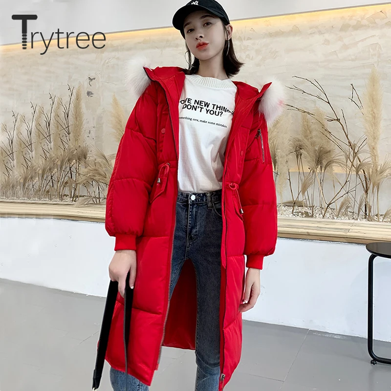 Trytree зимнее женское повседневное пальто с меховым капюшоном на молнии кулиской