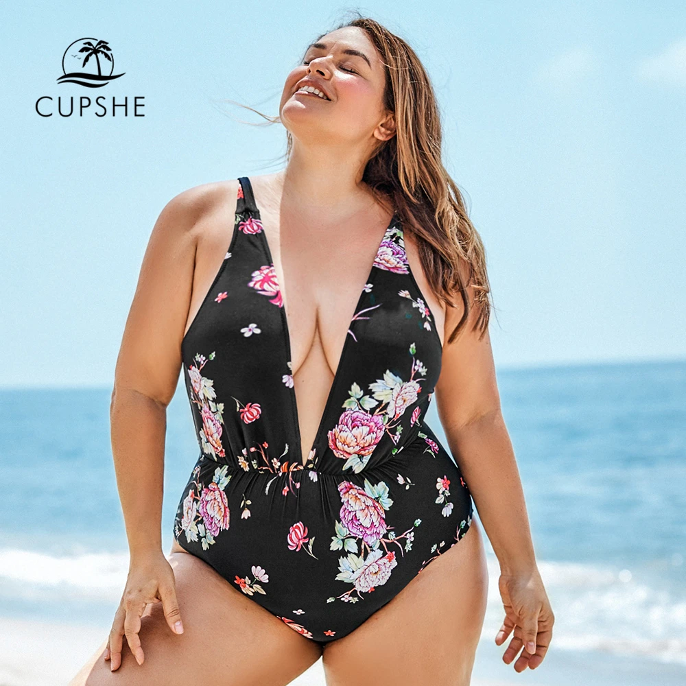 CUPSHE размера плюс погружающийся цветочный Цельный купальник большой сексуальный