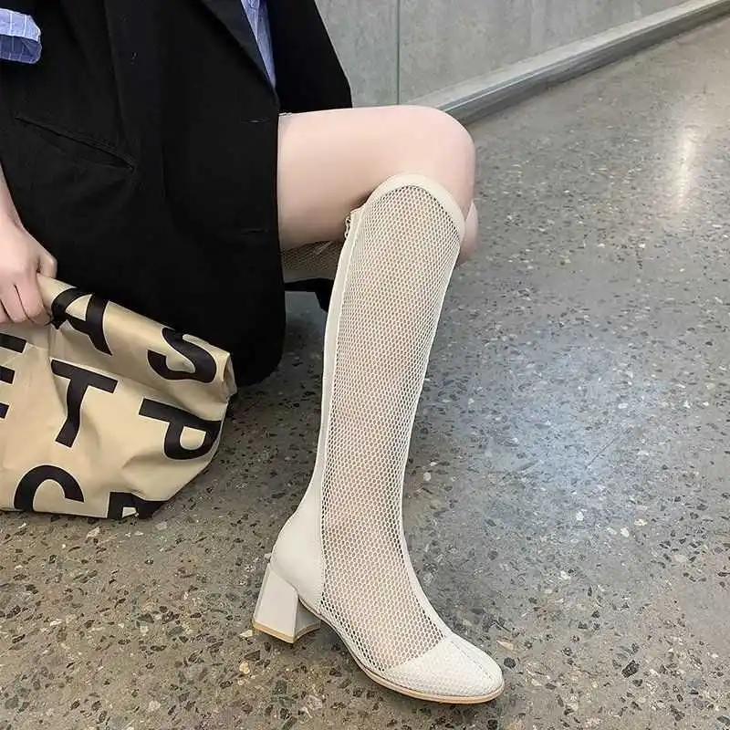 

Women's boots 2021 new summer net boots hollow mesh top breathable thick heel high cylinder Knight boots high heel gauze cool