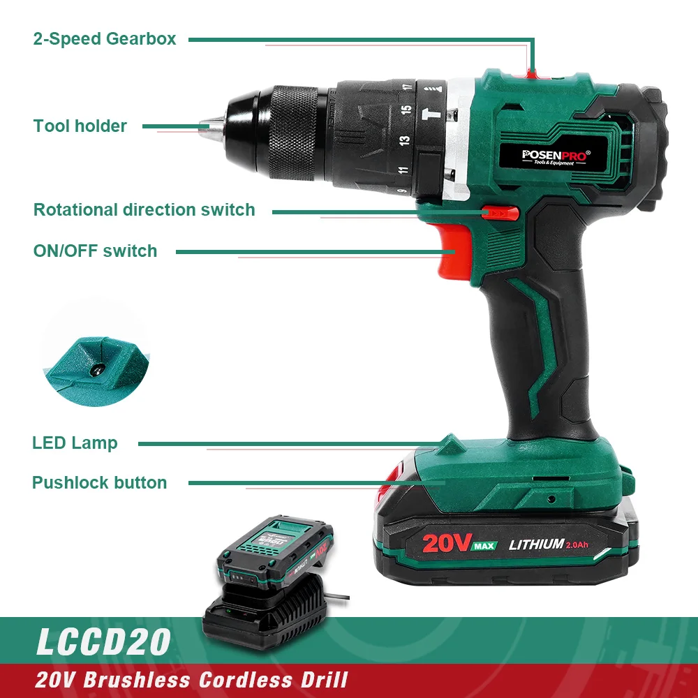 POSENPRO Brushless Rotary Hammer Electric Drill 20V Cordless 1.7J SDS PLUS Drilling Steel Concrete Wood | Инструменты