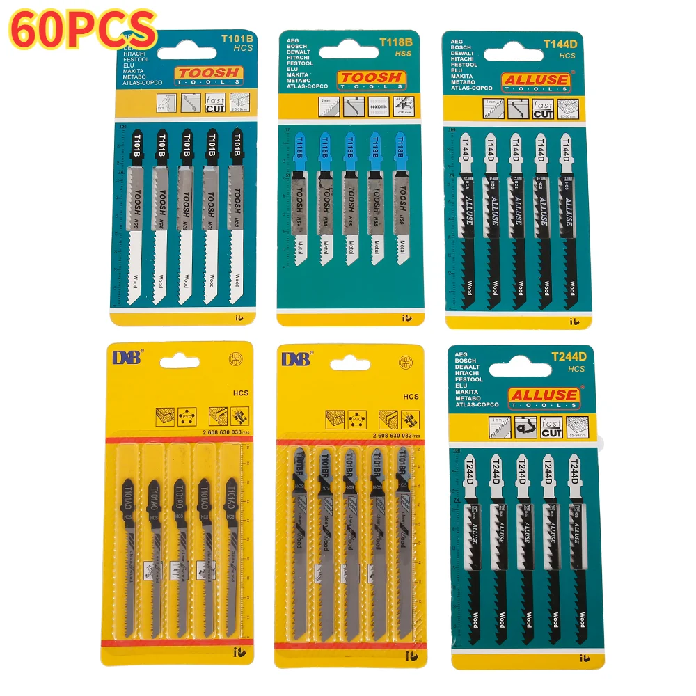 

60pcs Jig Saw Blade Jigsaw Blades Set Metal Wood Assorted Blades for Wood,plastic ,metal Cutting T101AO/T111C/T118B/T118A