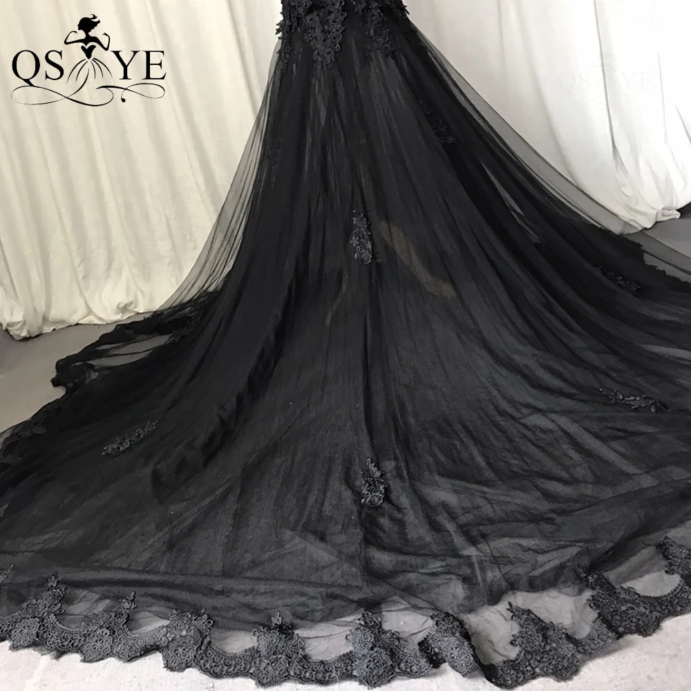 

New Long Black Prom Dresses 2021 Lace Appliques Evening Dress Chapel Train Formal Party Gown Tulle Illusion Evening Dress