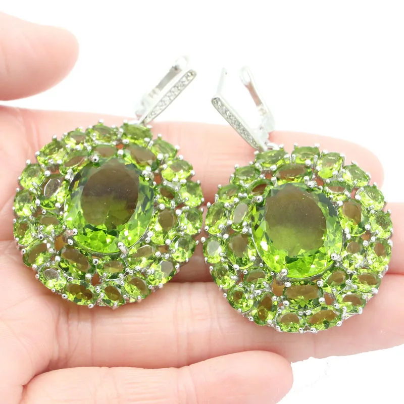 

55x32mm Hot Sell Big Oval Gemstone 18x15mm Green Peridot White CZ Woman's Gift Silver Earrings