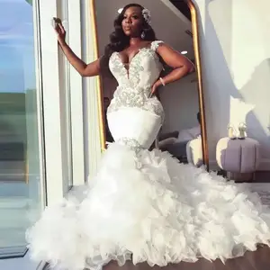 Plus Size African Mermaid Wedding Gowns Amazing Cascading Ruffles Chapel Train Vestidos De Novia Sexy Deep V Neck Sparkly