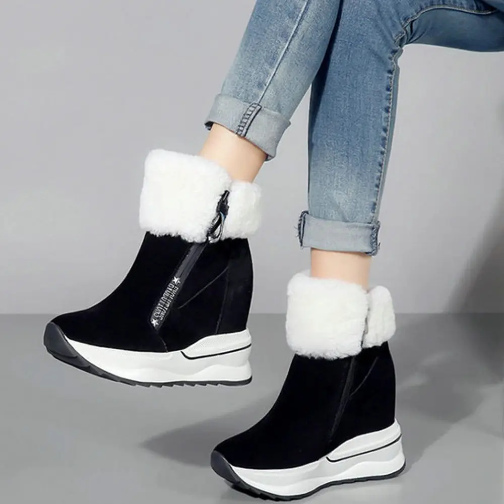 

2020 Winter Platform Pumps Shoes Women Genuine Leather Wedges High Heel Motorcycle Boots Female Warm Rabbit Fur Fashion Sneakers