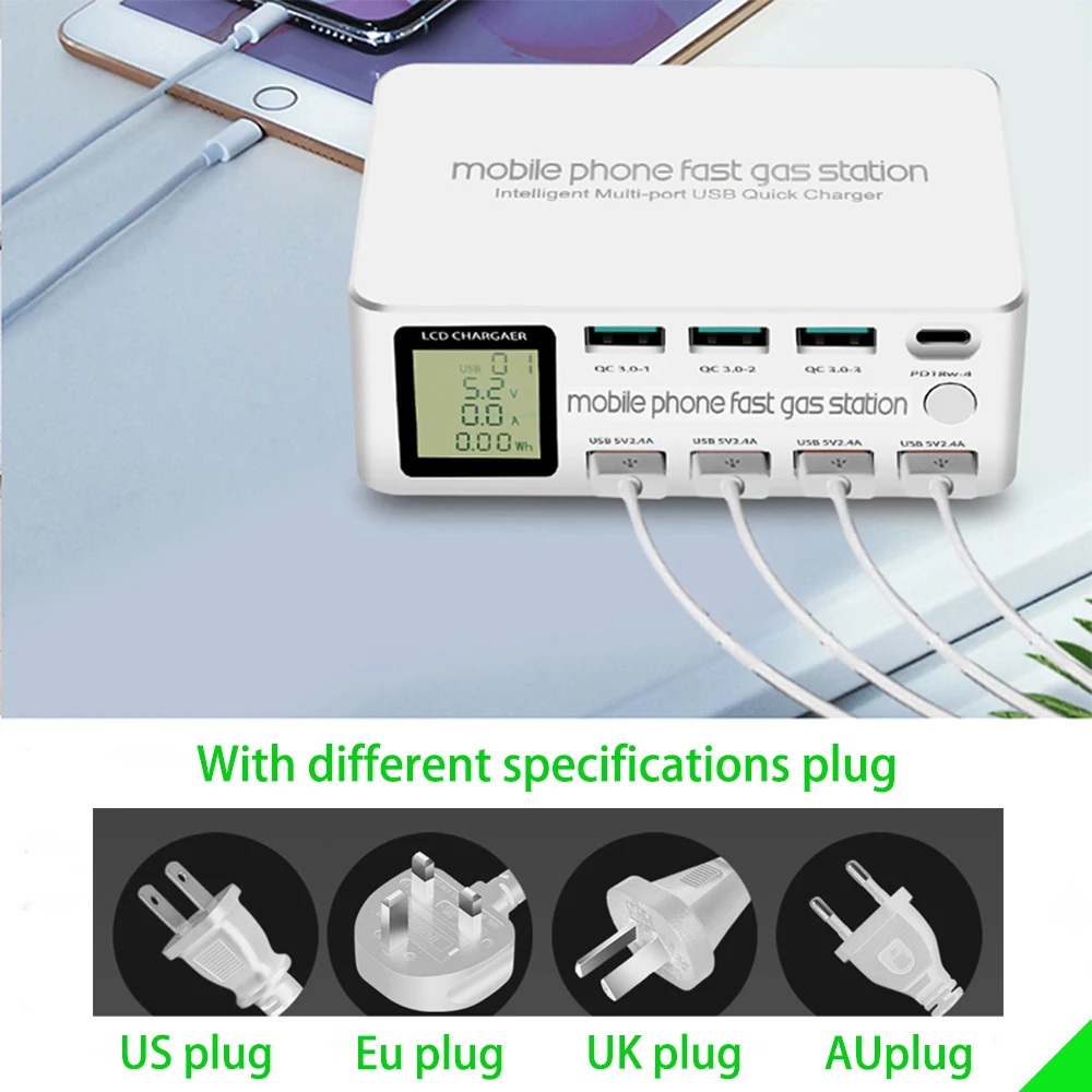 quick charge 3 0 usb charger adapter 100w 8 ports lcd display hub type c pd fast phone charger for iphone xiaomi huawei free global shipping