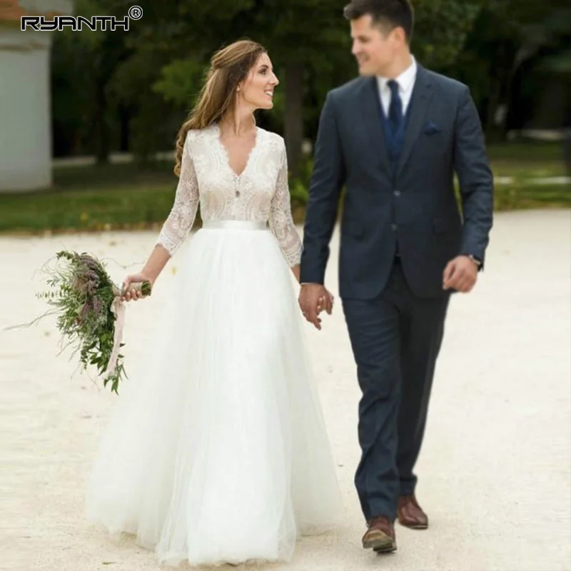 

Robe de mariee Cheap FloorLength Wedding Dress 2020 Hot 3/4 Long Sleeves Lace A Line Boho Wedding Gowns Vestido de noiva