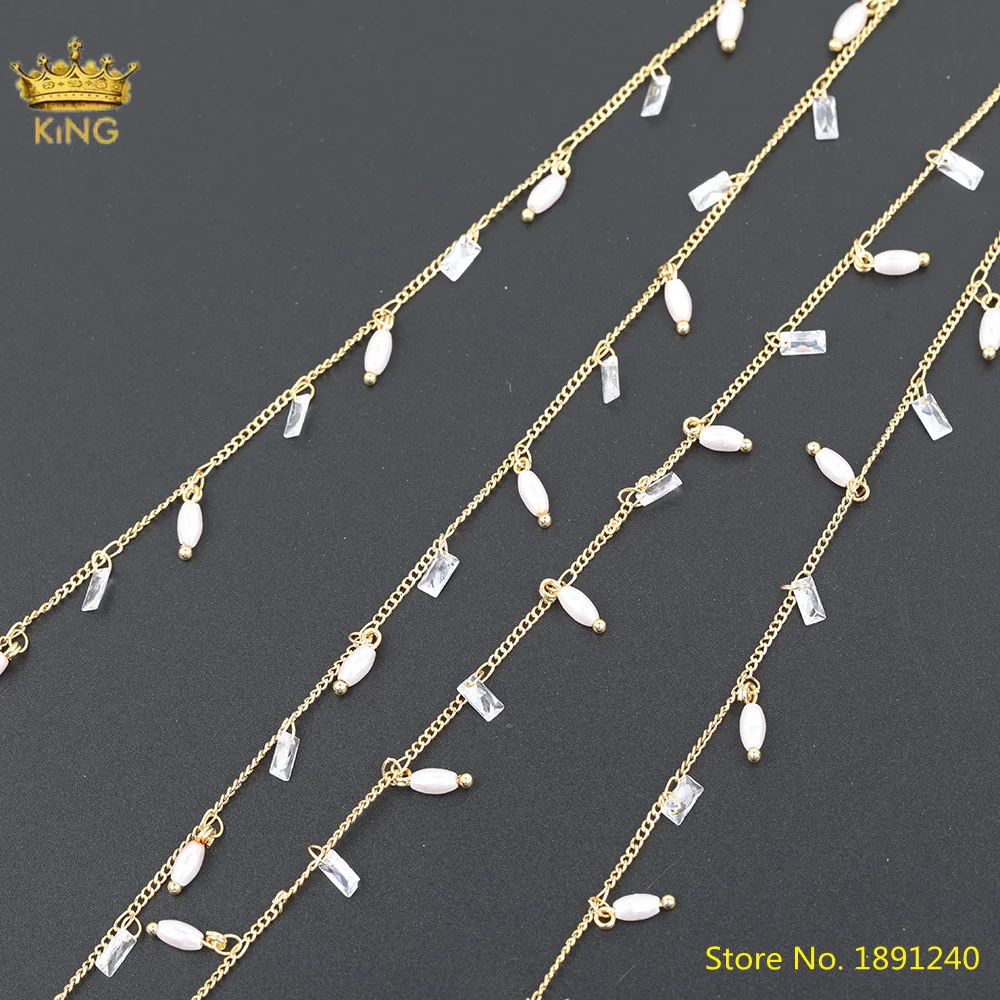 

5Meters Sale,3X5mm Oval Pearl Beads Rosary Chains,Rectangle Cubic Zirconia Beads Gold Chains DIY Jewelry Findings HX-LT-252KBAH