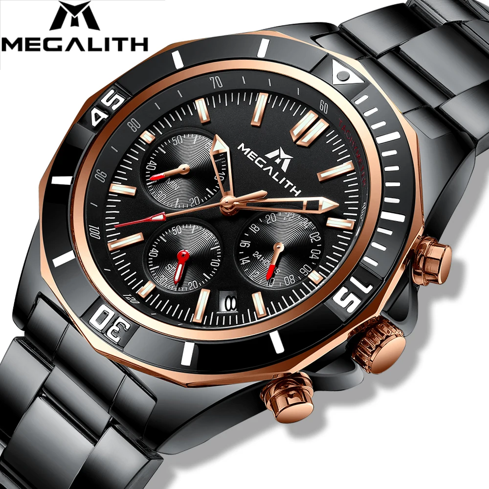 Relogio Masculino MEGALITH часы мужские спортивные водонепроницаемые военные кварцевые часы из нержавеющей стали светящиеся наручные часы с хронографом