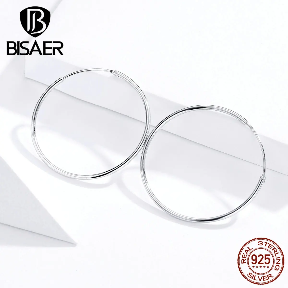 Большие серьги BISAER, распродажа, 925 пробы, серебряные, большие круглые серьги-гвоздики для женщин, гипербола, стильные ювелирные изделия ECE710