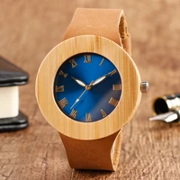 women watches royal blue tone dial wood watch ladies elegant nature bamboo round dial novel analog genuine leather montre femme
