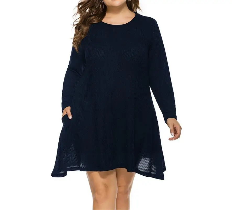 2021 Black Gray Blue Plus Size Women's Sweater Long Sleeved Summer Round Neck Loose And Comfortable Retro Knee Dress