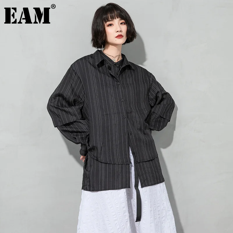 

[EAM] Women Black Striped Irregular Big Size Blouse New Lapel Long Sleeve Loose Fit Shirt Fashion Spring Autumn 2022 1DD6958