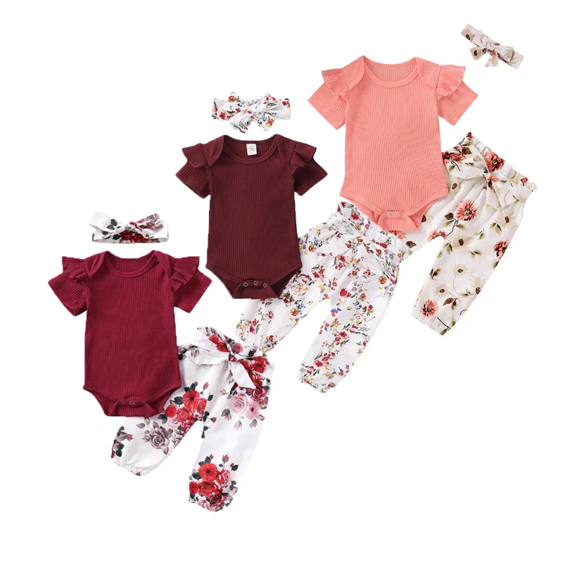 

Baby Floral Clothing Set 3pcs Set Summer Full Sleeve Baby Girl Clothes Bodysuit Top Flower Pants Headband Outfit 0-18 Months