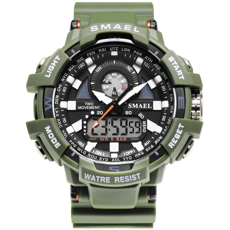 

2020 New Men Sports Watches Top Brand Smael Military Army Green Silicone Dual Display Analog Digital Watches Fashion Cool Watch