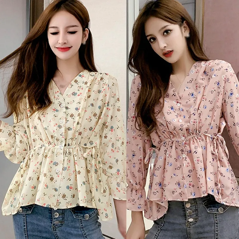 

Chiffon Shirt Blusas Ropa Mujer Women's Fashion V-Neck Small Floral Print Sexy Sweet Long Sleeve Blouse