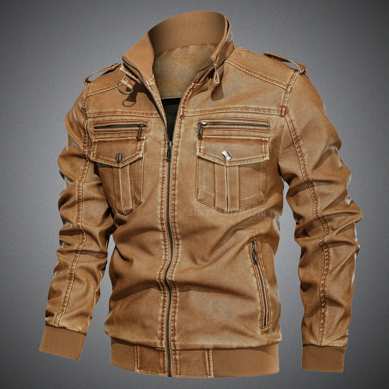 

Autumn Winter Men Leather Jacket Washed Retro Motorcycle Pu Leather Jacket Large Size 6XL Loose Multi-pocket Men's Leather Coat