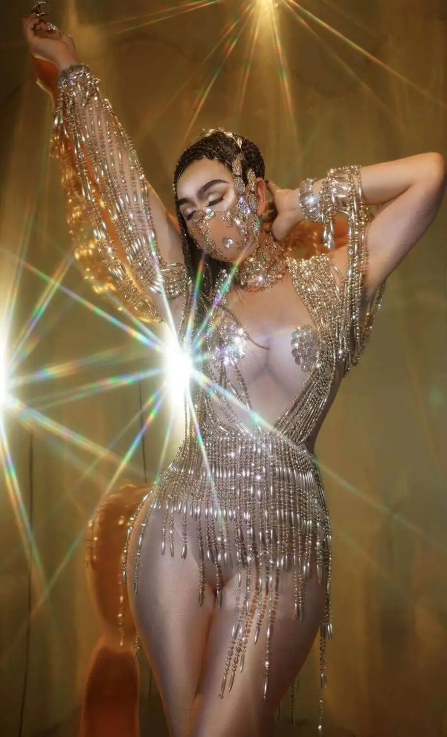 

2021 Women Gold Tassel Mesh Leotard Rhinestones Perspective Fringes Bodysuit Singer Stage Outfit Wear Performance Dance Costume