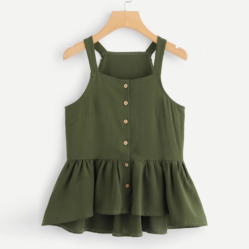 Sleeveless Crop Tops Women Button Tank Top Breasted Ruffle Hem Casual Camis Single Sexy Beach Female Blouse Ropa Mujer 2021 | Женская