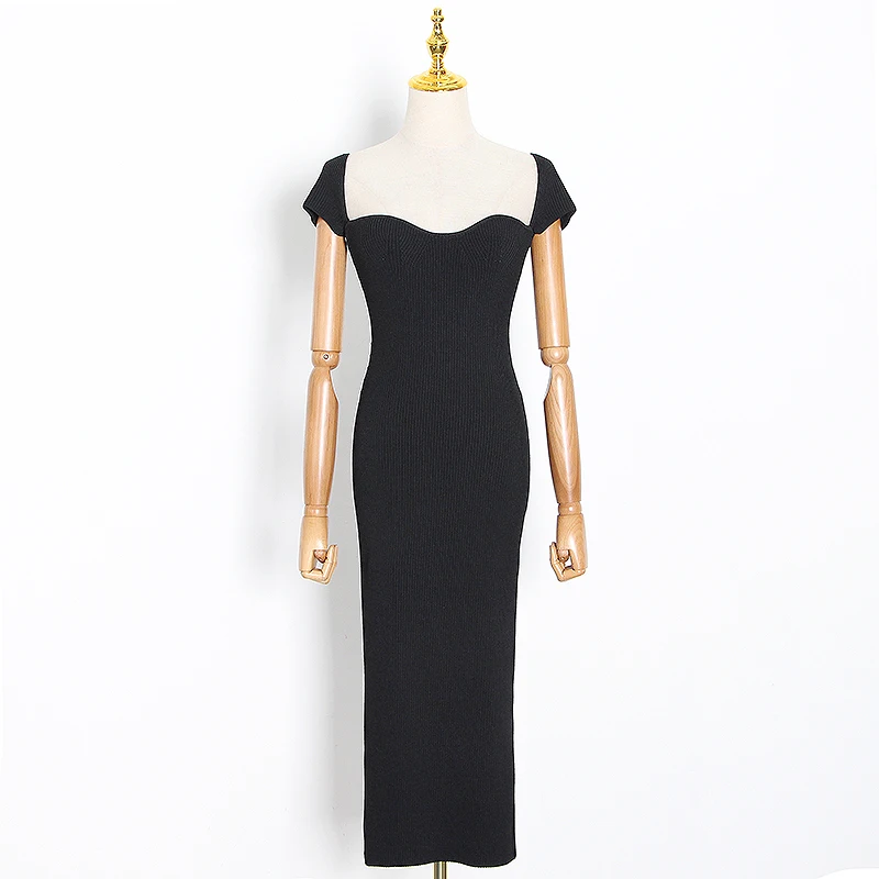 

SISPELL Elegant Dresses For Girls Square Collar Short Sleeve High Waist Slimming Womens Knit Dress 2020 Fashion Autumn New