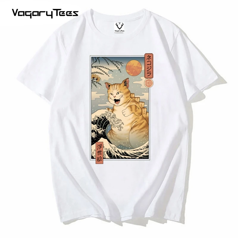 

big Cat Ukiyo-e Print Casual Harajuk Male's Tshirts Unisex Short Sleeve T Shirt Hiphop Summer Men T-Shirt Streetwear Tops