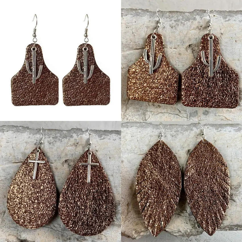 

Mini Cross Cactus Embellished Textured Leather Feather Cow Tag Dangle Earrings for Women Jewelry Free Shipping