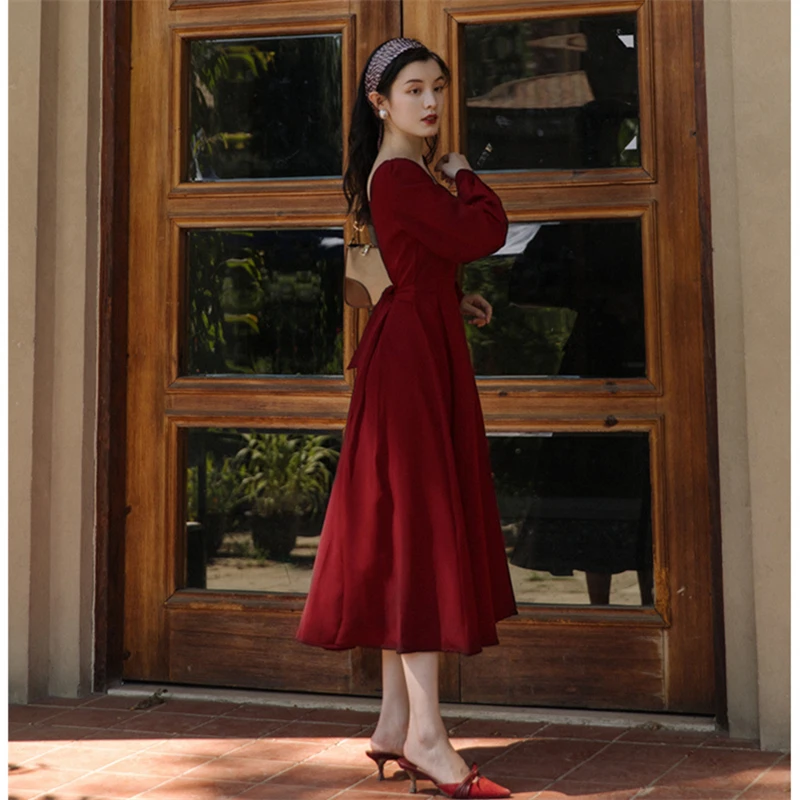 

Korean Chic Square Collar Slim Waist Temperament Dress High Waist Solid Straight Long Sleeve Solid Little Red Dress L20