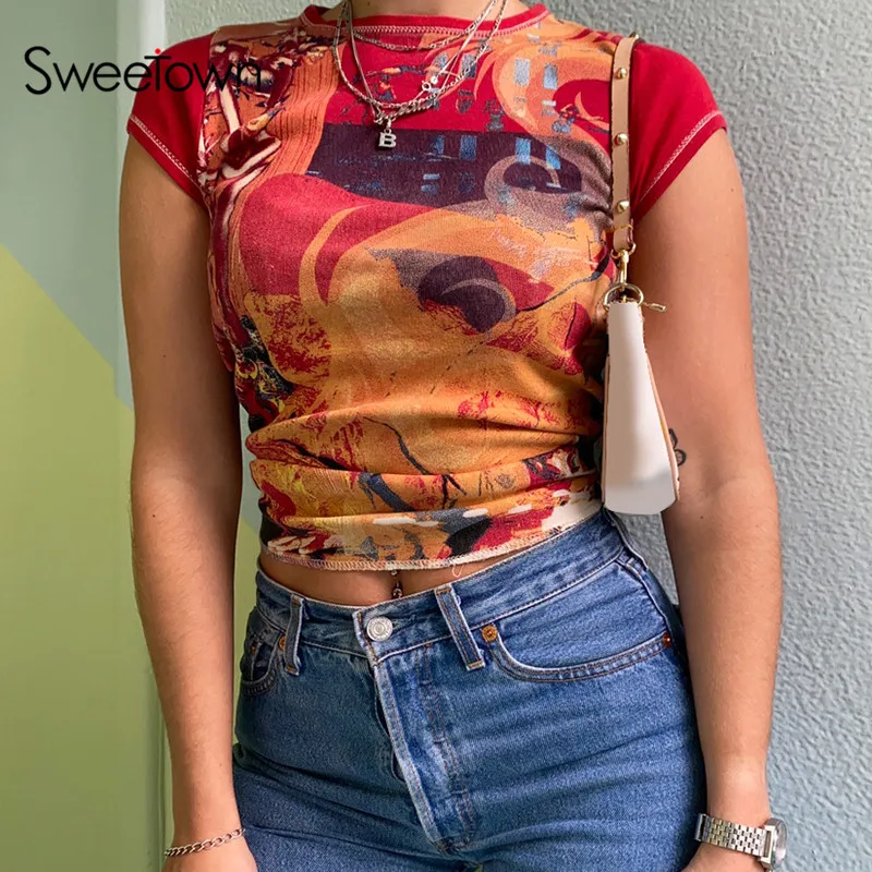 Sweetown Retro Print Patchwork T-Shirts Vintage Aesthetic Girl Techwear O Neck Short Sleeve Summer Tops Women Basic Tees