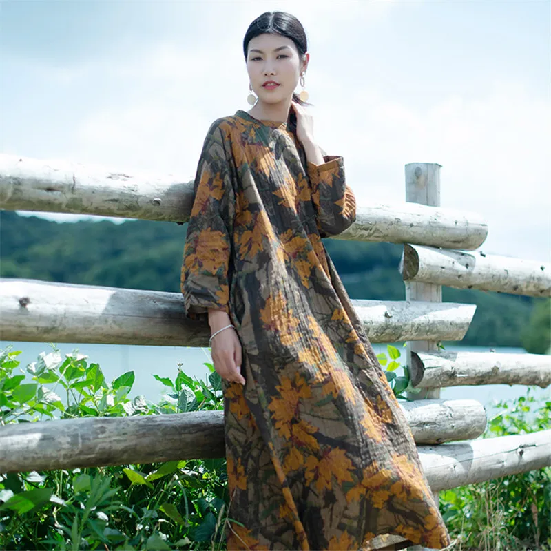 Женское винтажное платье SCUWLINEN Двухслойное длинное хлопковое с круглым вырезом и