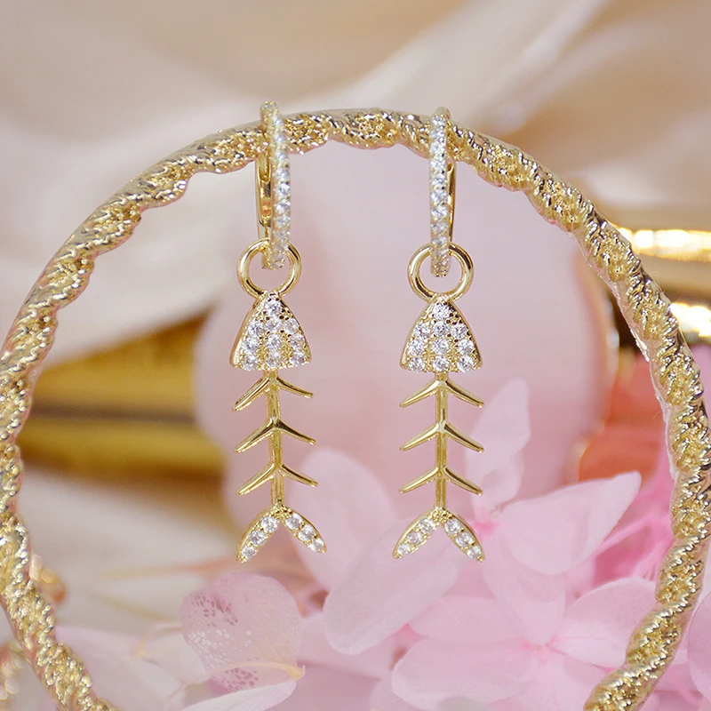 

YDL Hot Sale Creative Fish Bone Earrings for Women Cubic Zirconia Cute Drop Earring Popular Accessories Jelwelry Pendant Gift