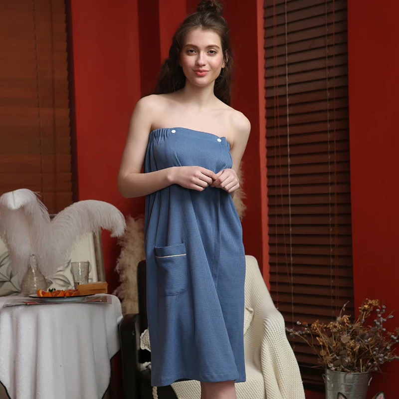 Вафельная банная юбка для женщин банный халат с карманом открытая кнопка одежда