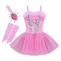 kids girls ballerina fairy party costumes sleeveless ballet tutu dress leotard with gloves hair clip set swan dress dance wear