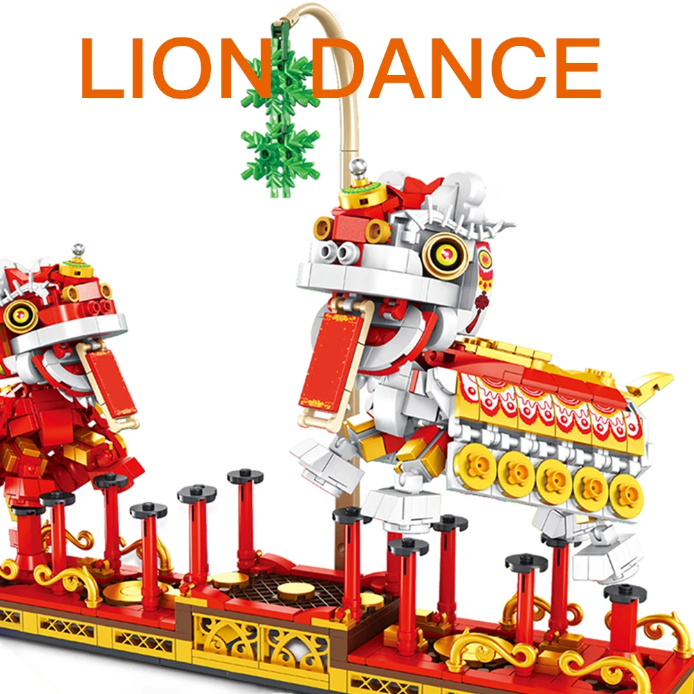 Chinese City Street MOC Compatible DIY New Year Lion Dance Dragon Building Block Creative Brick Toys for Kids | Игрушки и хобби