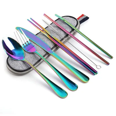 colorful 8 шт. столовая ложка из нержавеющей стали, столовое серебро, радужные красочные дорожные столовые приборы, набор для Столовый Текстиль для отеля, подарок, вечерние принадлежности, инструменты - Цвет: colorful