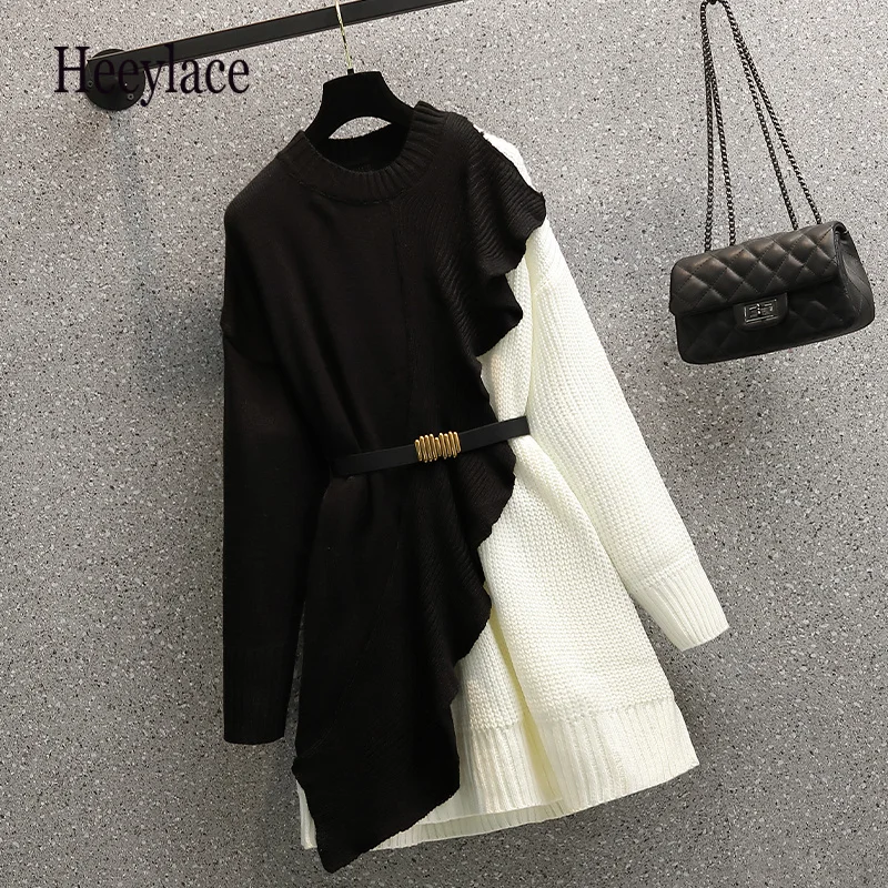 

Women Fall Winter Patchwork Knitted Sweater Dresses Korean Casual Vestidos Female High Waist A-line Dresses 2022