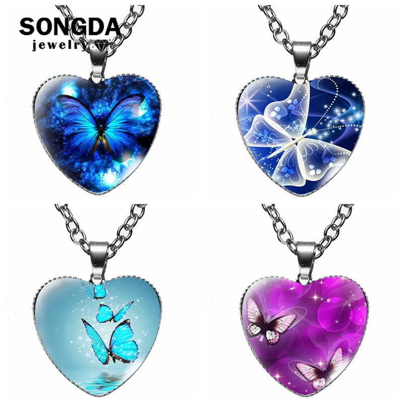 

Purple Magic Butterfly Heart Jewelry Necklace For Women Glass Dome Handmade Beautiful And Mysterious Butterfly Pendant Necklace
